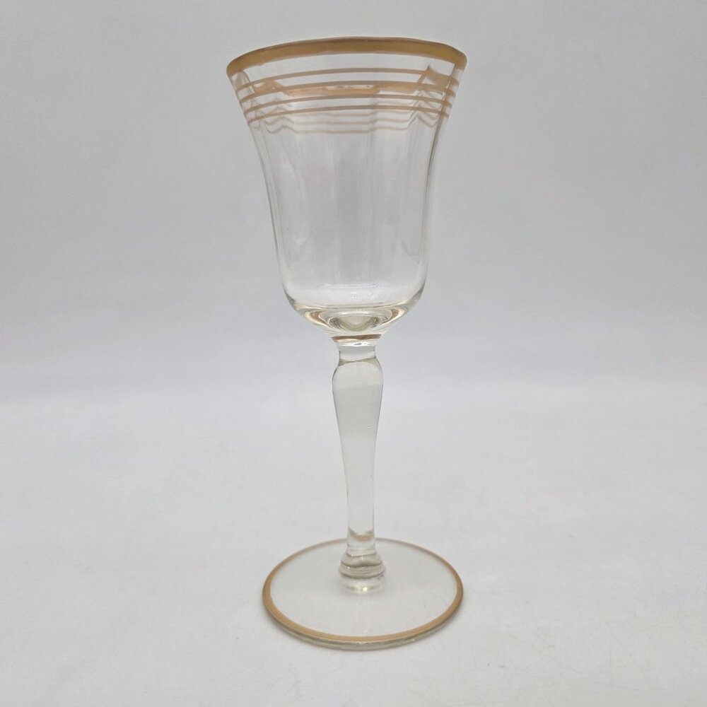 Vintage 1940s Cordial Glasses Clear Stemmed With Gold Rim & Stripe Design 5.5" - Picture 2 of 7